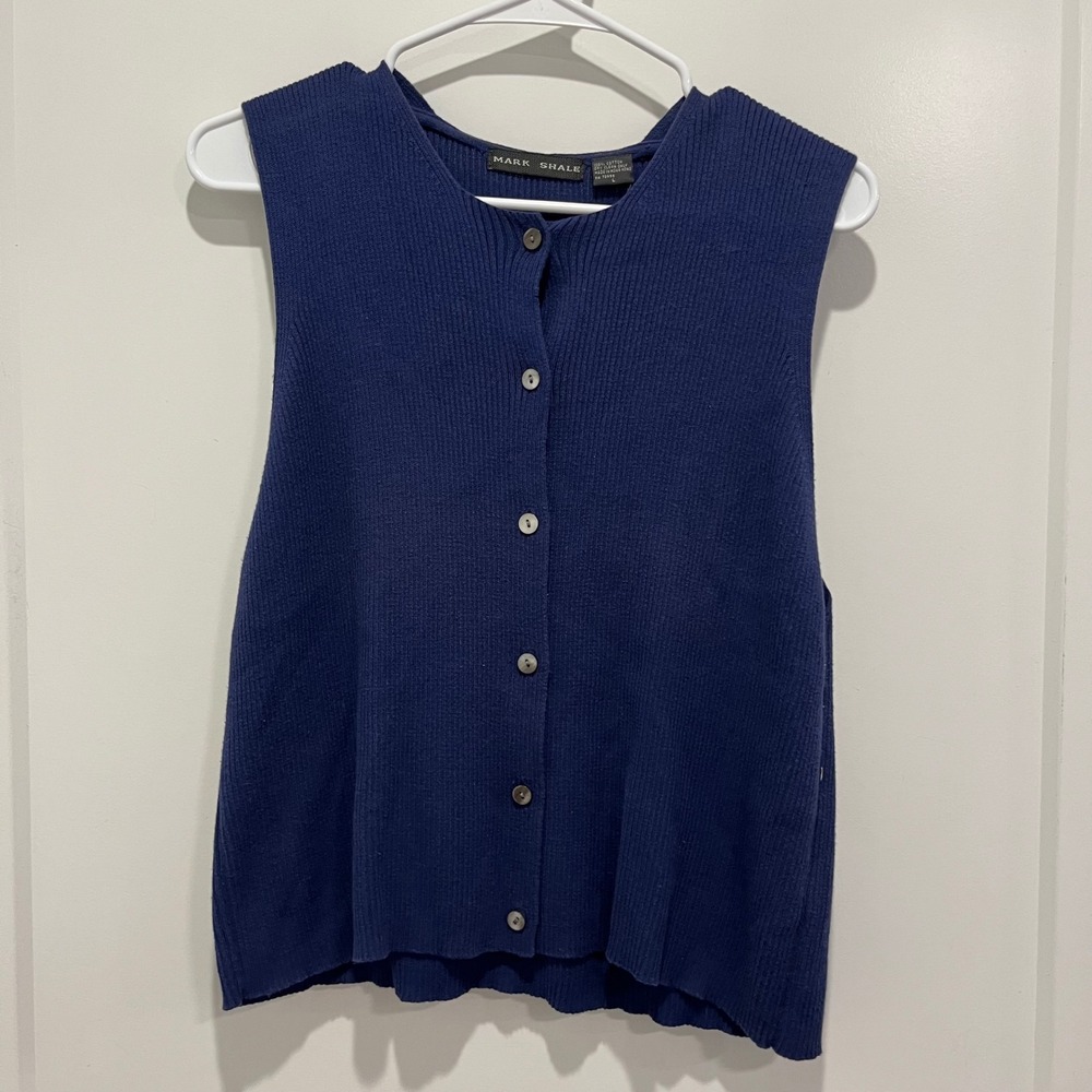 Mark Shale Womens Navy Blue Ribbed 100% Cotton Button Down Sleeveless Cardigan L